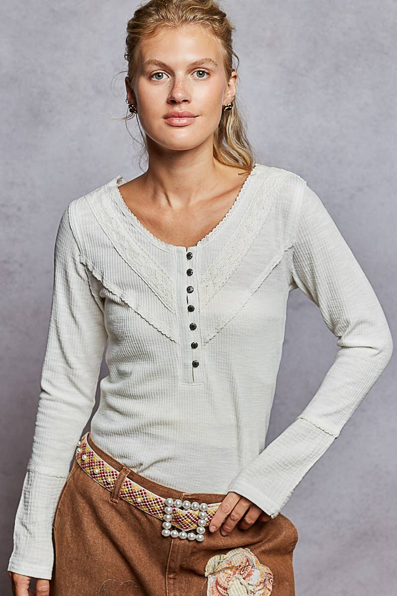 Pol Clothing - Long sleeve double gauze solid knit rib top: Black / M