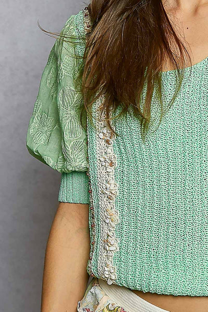 Pol Clothing - Balloon Sleeve bead Trim Point Acrylic Sweater Top : Black / S