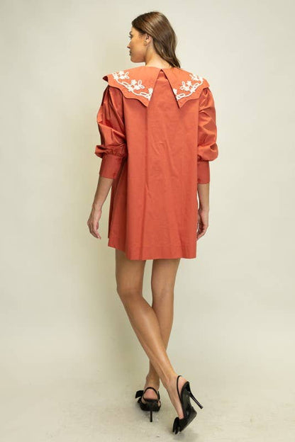 Heyson - JOD1227 Embroidered Collar Puff Sleeve Shirt Dress: PLUM / S-M-L (2-2-2)