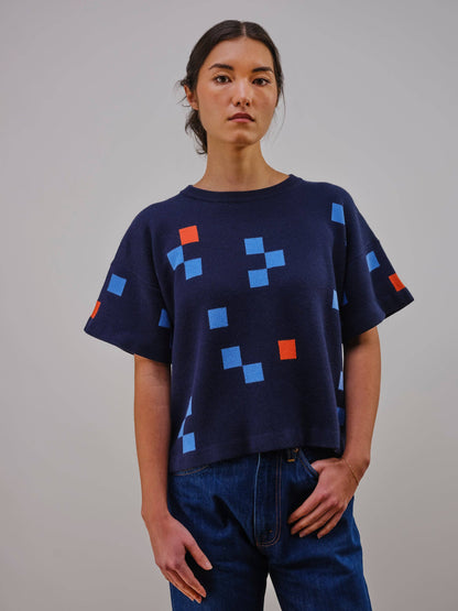 The Endery - Albers Short Sleeve Sweater Tee- Indigo: XS/S