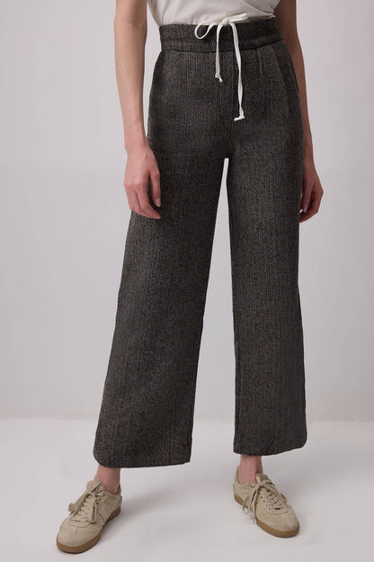 Touché Privé - Herringbone Wide-Leg Palazzo Trousers with Drawstring Waist
: Siyah / M