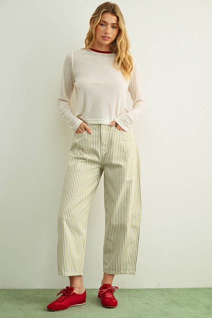 MIOU MUSE - ET7016   ESSENTIAL RINGER LONG SLEEVE TOP: CREAM/NAVY / M