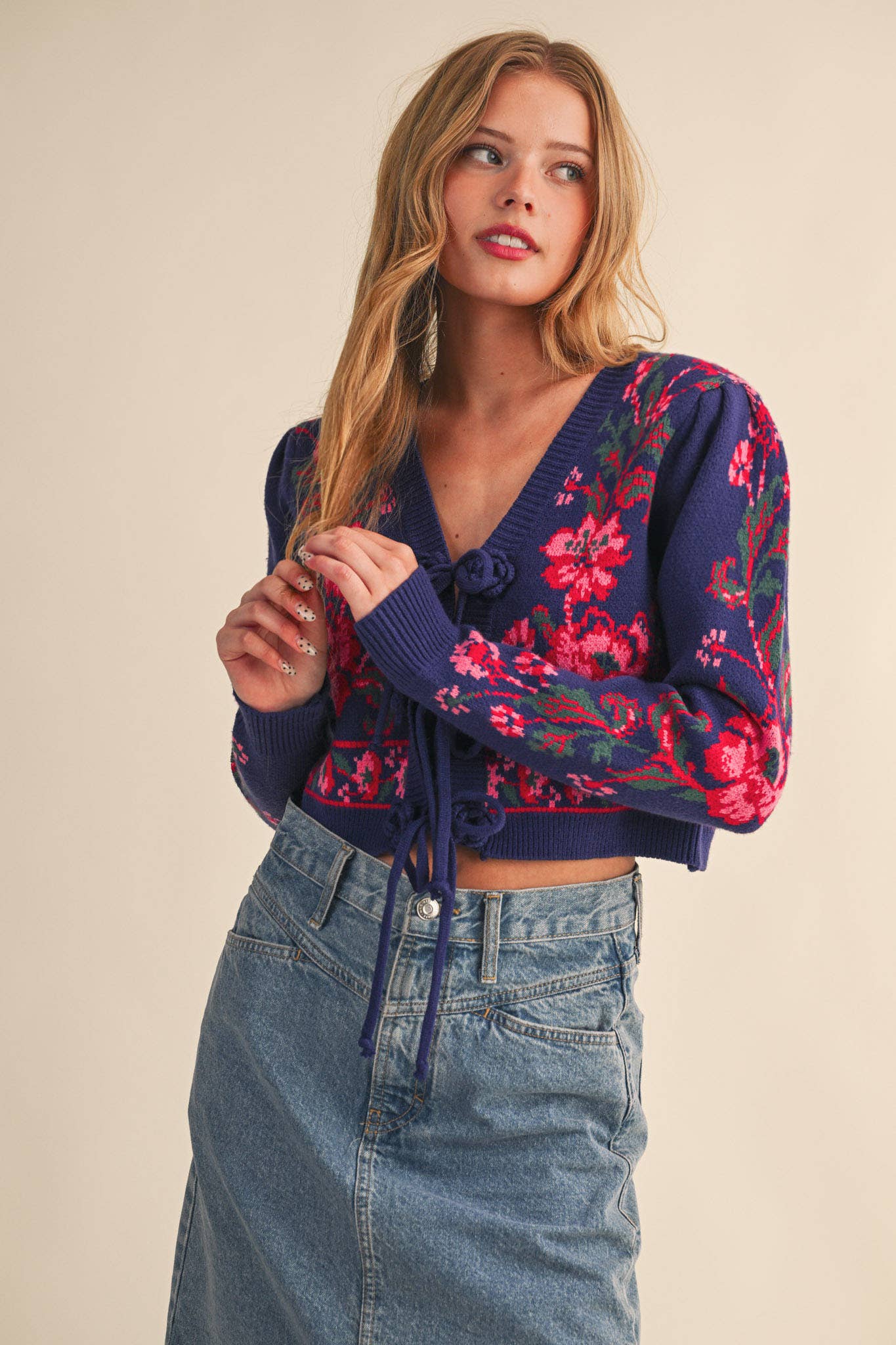&MERCI - FLORAL KNIT TIE-FRONT CROPPED SWEATER CARDIGAN MSW11133: Brick Red Floral / L