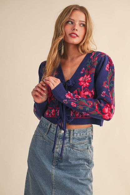 &MERCI - FLORAL KNIT TIE-FRONT CROPPED SWEATER CARDIGAN MSW11133: Brick Red Floral / S
