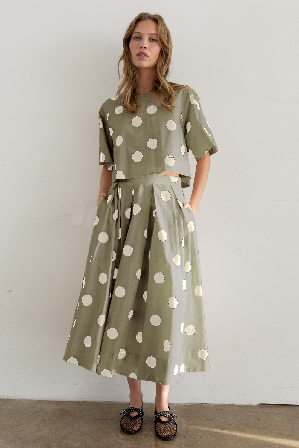 Heyson - JOS1021 Polka Dot Pleated Midi Skirt: CREAM / L