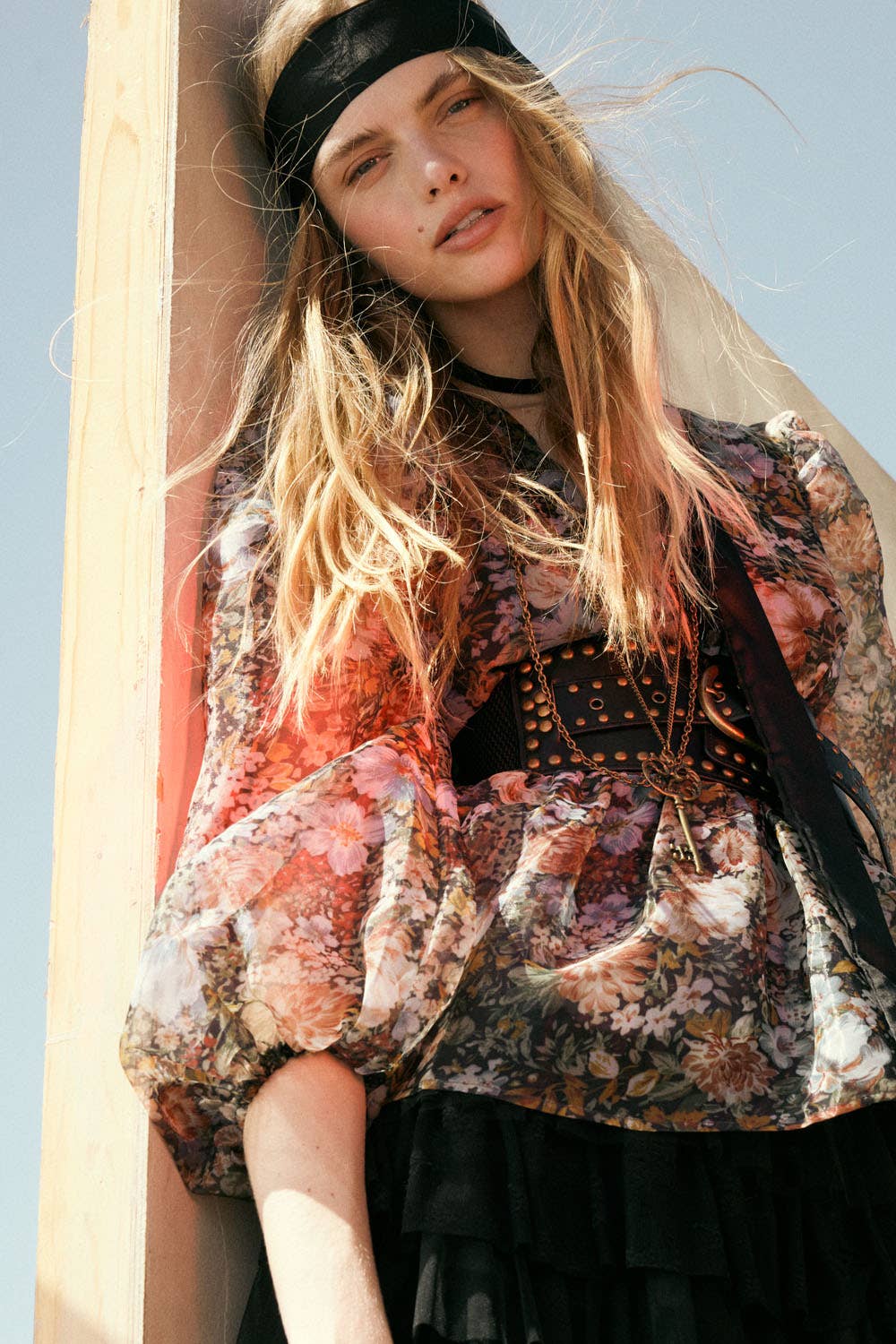 Promesa USA - Floral-Print Organza Puff-Sleeve Peplum Top: BLACK / S