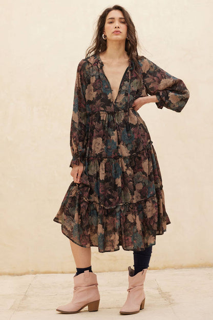 Promesa USA - Floral-Print Tiered Ruffle Long-Sleeve Midi Dress: SAND / M