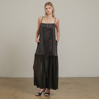 RAISONNEL - Satin Sheer Hem Maxi Slip Dress - RD1266: Black / S-M-L (3-2-1)