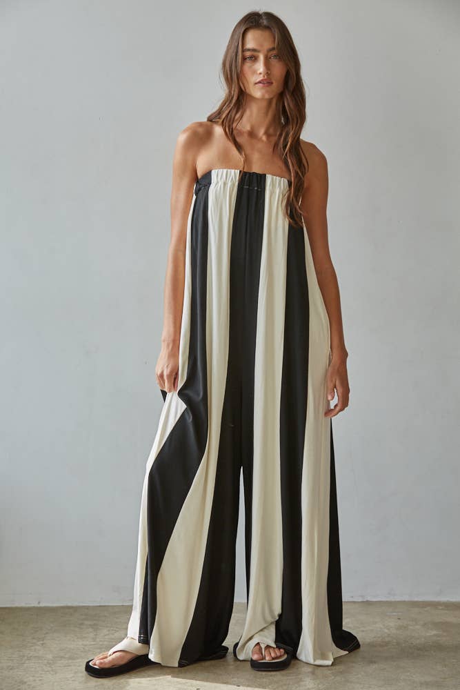 By Together - L9308 | Knit Viscose Spandex Striped Tube Wide Leg Jumpsuit: Black Cream / L