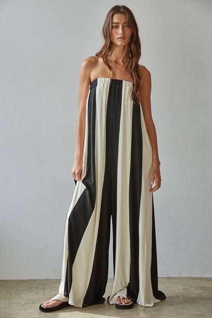 By Together - L9308 | Knit Viscose Spandex Striped Tube Wide Leg Jumpsuit: Black Cream / L