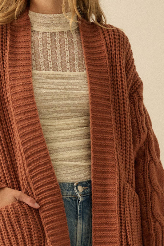 Promesa USA - Solid Rib Knit Open Front Cable Knit Cardigan: Sunburn / M