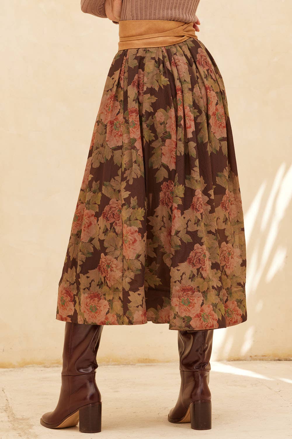 Promesa USA - Floral-Print Pleated Midi Circle Skirt: CHOCOLATE / M