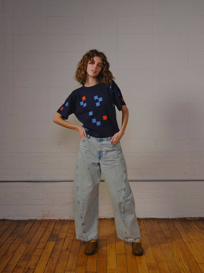 The Endery - Albers Short Sleeve Sweater Tee- Indigo: XS/S