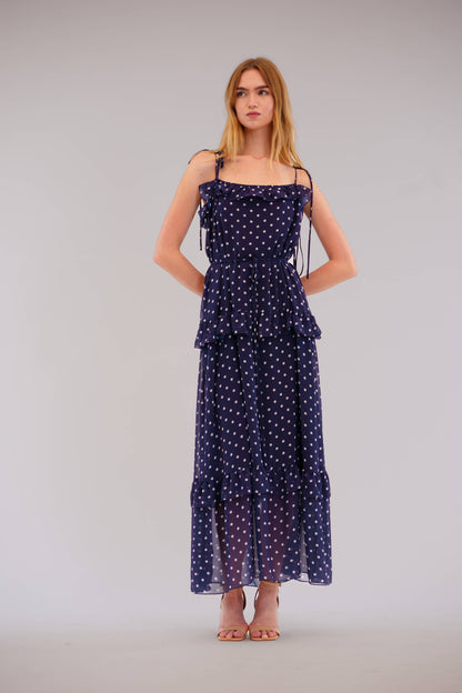Julia Jordan - TIE SHOULDER SLEEVLESS RUFFLE MAXI DRESS: Navy white / L