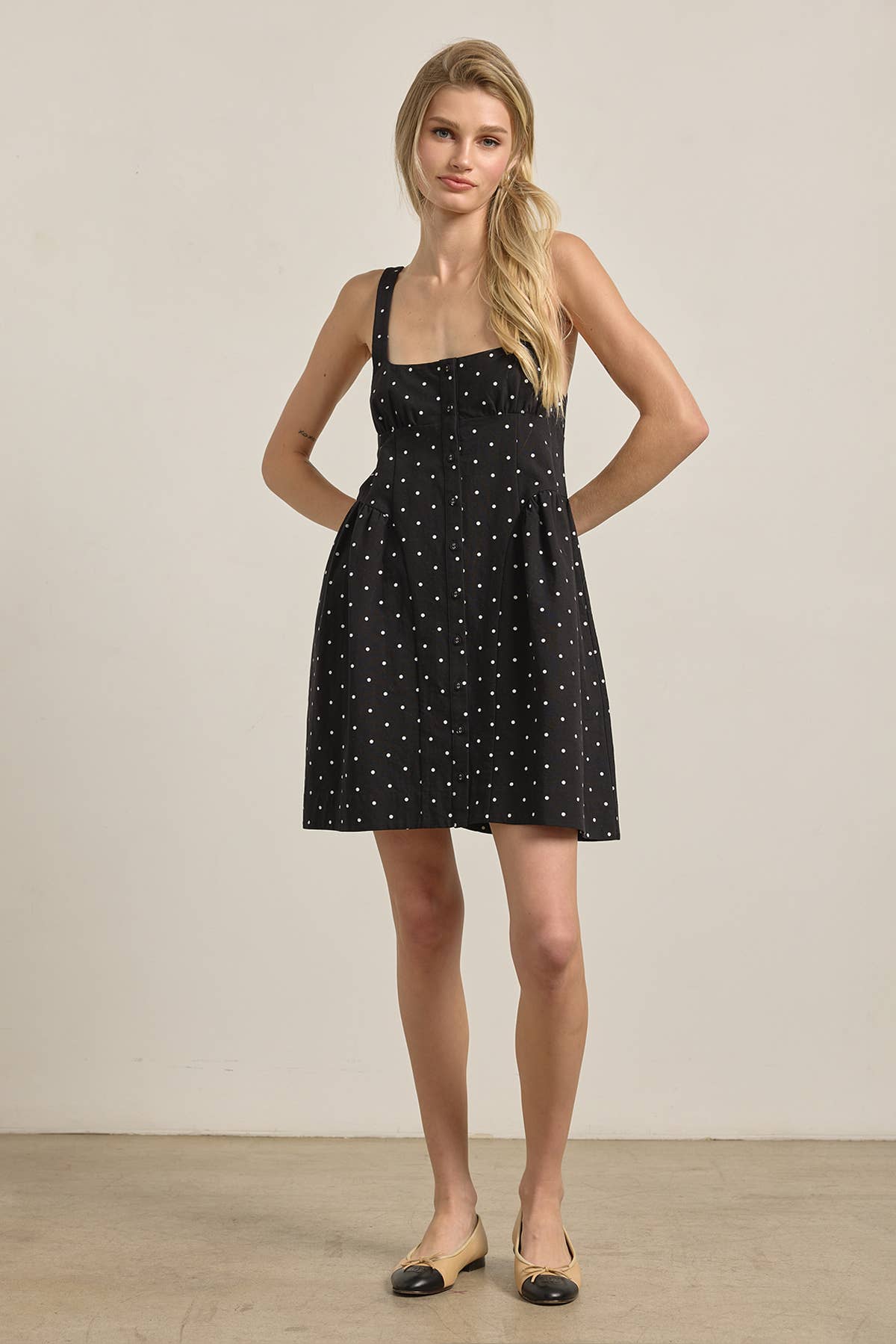RAISONNEL - Polka Dot Button-Down Mini Dress - RD1256: BEIGE POLKA DOT / S-M-L (3-2-1)