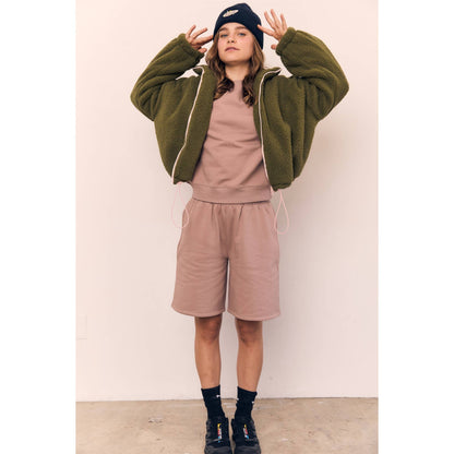 The Blank Lab - CONTRAST ZIP SHERPA JACKET-AAB648: GREEN / PINK ZIP / S-M-L(2-2-2)