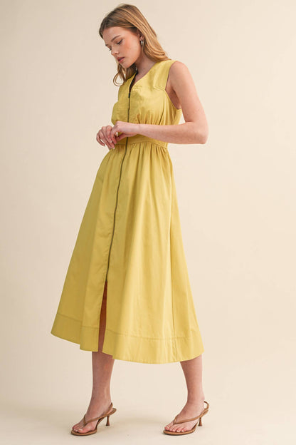 &MERCI - ZIPPER FRONT SLEEVELESS MIDI DRESS MDR4848: CITRON / S