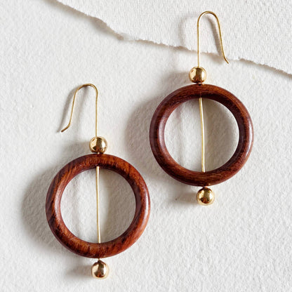 Bisjoux - Brass wood hoop sphere earrings handmade Bisjoux exclusive