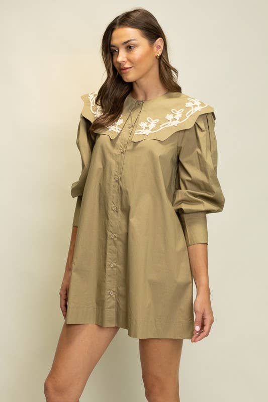 Heyson - JOD1227 Embroidered Collar Puff Sleeve Shirt Dress: PLUM / S-M-L (2-2-2)