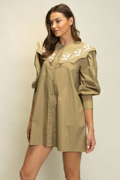 Heyson - JOD1227 Embroidered Collar Puff Sleeve Shirt Dress: PLUM / S-M-L (2-2-2)