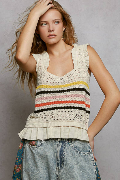 Pol Clothing - Sleeveless Striped Ruffle Cropped Thin Sweater Knit Top: NATURAL / S
