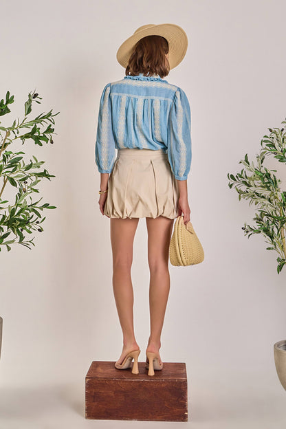 English Factory - Embroidered Ruffle Collar Blouse: POWDER BLUE/NATURAL / M