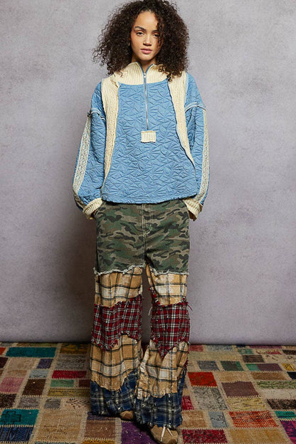 Pol Clothing - Long sleeve solid stitch edge quilted woven hoodie top: CHARCOAL / M