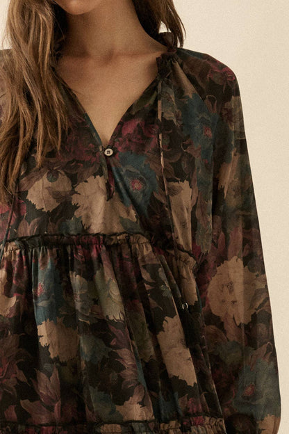 Promesa USA - Floral-Print Tiered Ruffle Long-Sleeve Midi Dress: SAND / M