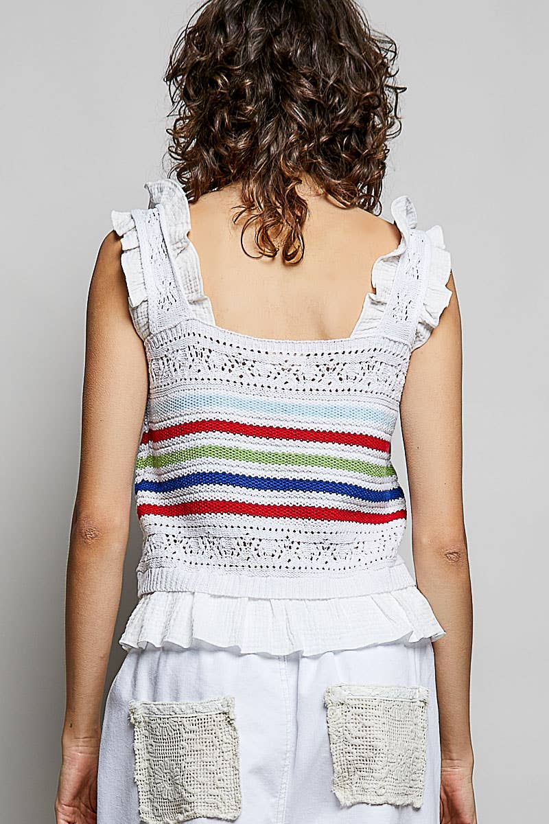 Pol Clothing - Sleeveless Striped Ruffle Cropped Thin Sweater Knit Top: NATURAL / L