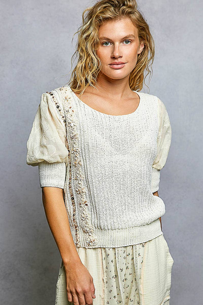 Pol Clothing - Balloon Sleeve bead Trim Point Acrylic Sweater Top : Black / S