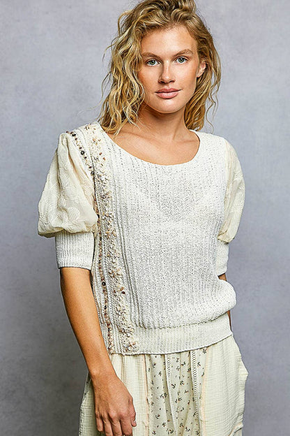 Pol Clothing - Balloon Sleeve bead Trim Point Acrylic Sweater Top : Black / L