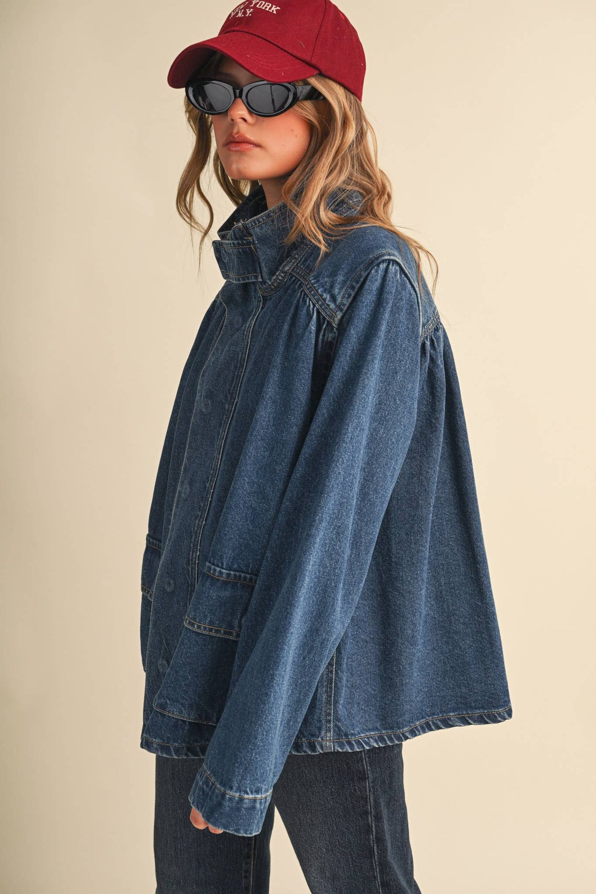&MERCI - DENIM STAND COLLAR UTILITY JACKET MJK5157: DARK VINTAGE BLUE / L