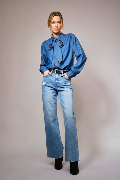 Blue B - 23612T - Tie Neck Hidden Button Chambray Blouse: MEDIUM WASH / M