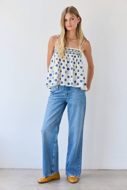 RAISONNEL - Polka Dot Smocked Cami Top - RT1308: POLKA DOT / S-M-L (3-2-1)
