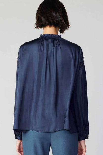 Current Air - Lace Detailed Button Down Blouse: Slate Navy / XS