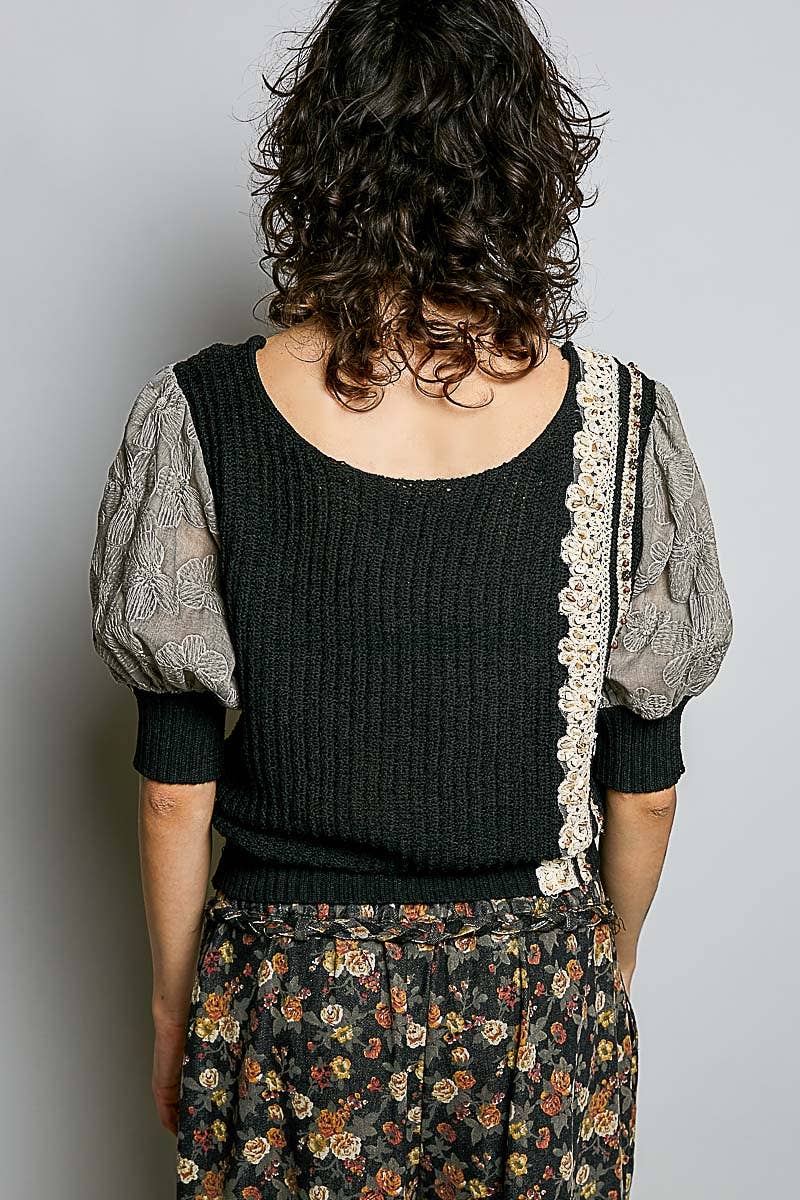 Pol Clothing - Balloon Sleeve bead Trim Point Acrylic Sweater Top : Black / M