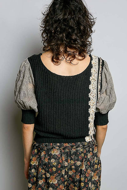 Pol Clothing - Balloon Sleeve bead Trim Point Acrylic Sweater Top : Black / M