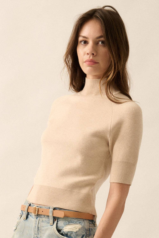Promesa USA - Solid Knit Cropped Mock-Neck Short-Sleeve Sweater: Oatmeal / L
