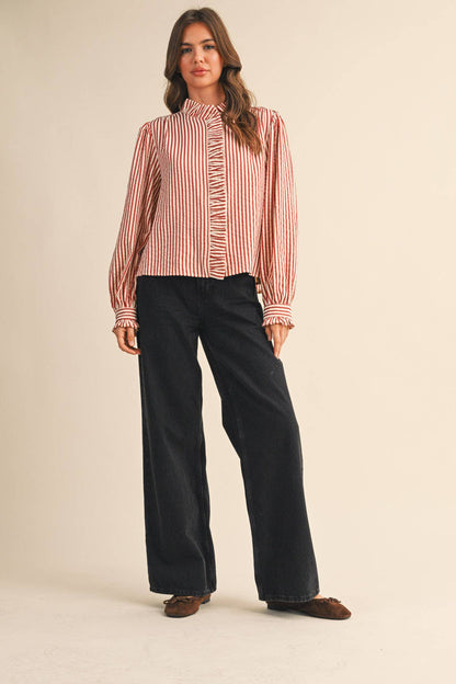 &MERCI - STRIPED RUFFLED BUTTON DOWN LONG SLEEVE TOP MTP4319: Denim Blue Stripe / M