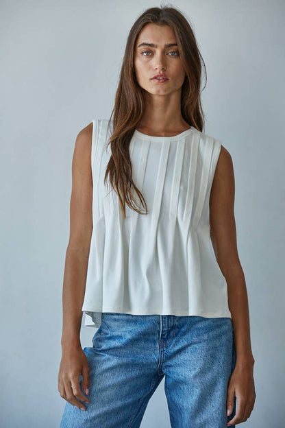 By Together - L9117 | Knit Rayon Spandex Jersey Round Neck Sleeveless Top: Cream / S