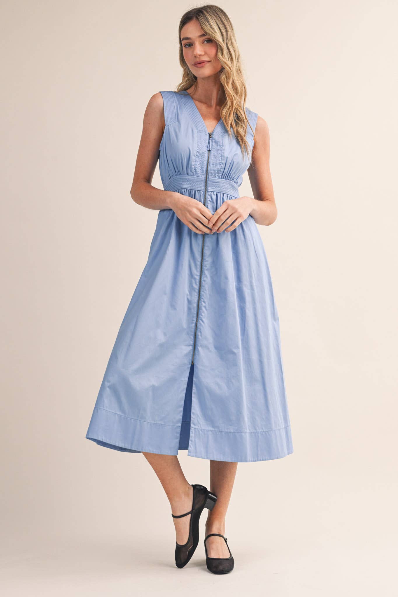 &MERCI - ZIPPER FRONT SLEEVELESS MIDI DRESS MDR4848: CITRON / L