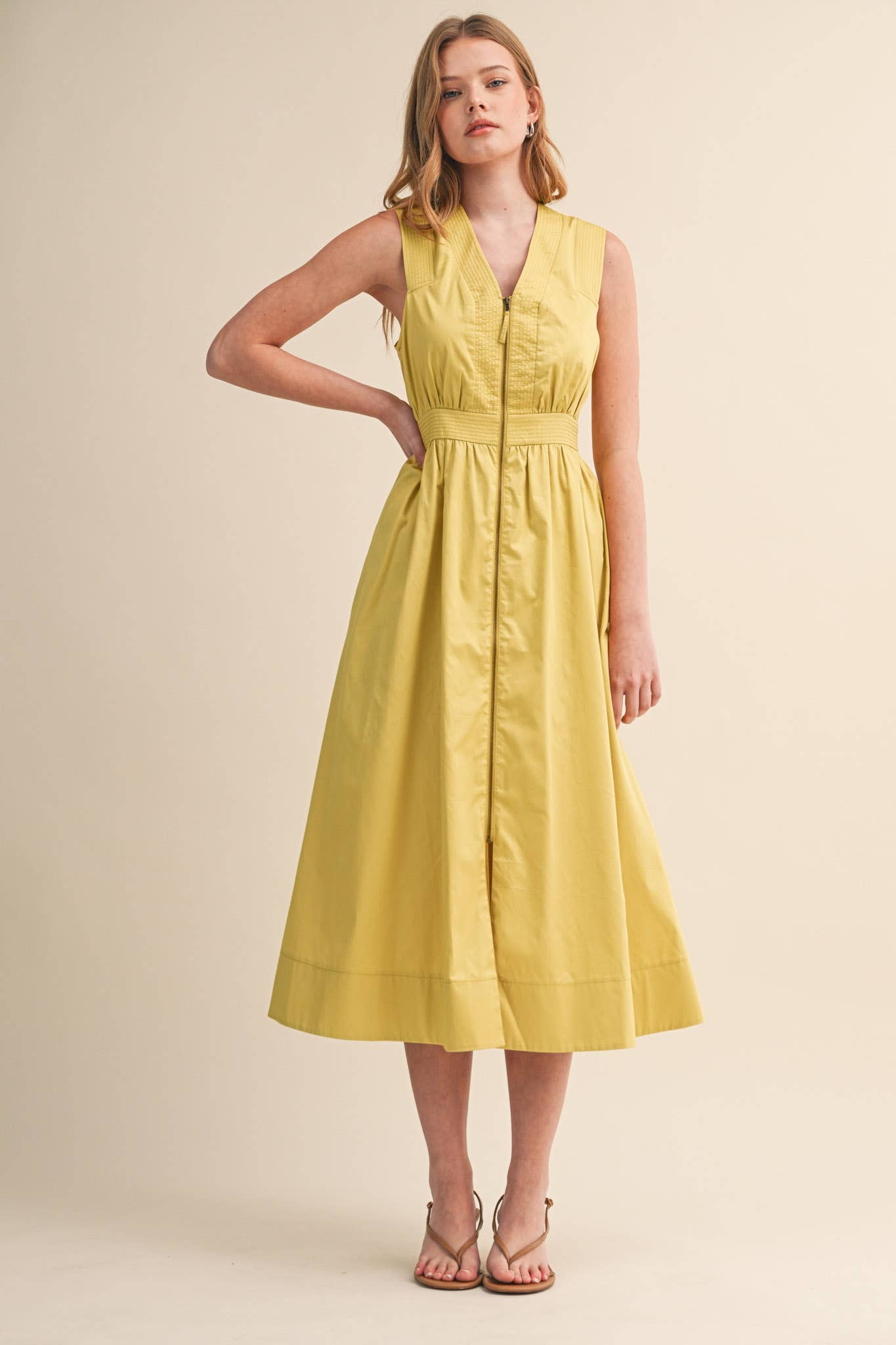 &MERCI - ZIPPER FRONT SLEEVELESS MIDI DRESS MDR4848: CITRON / M