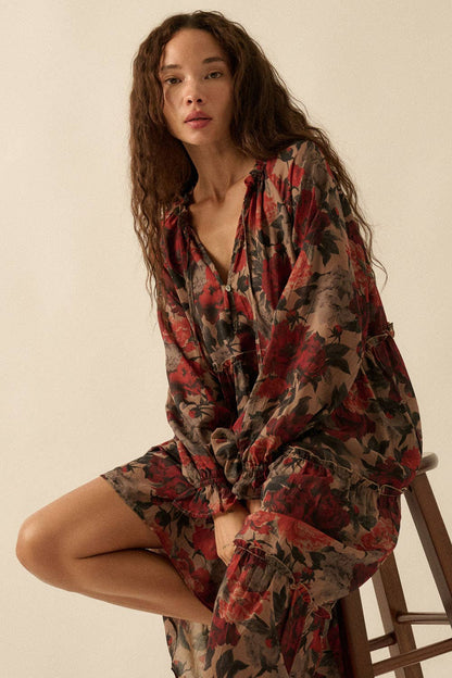 Promesa USA - Floral-Print Tiered Ruffle Long-Sleeve Midi Dress: SAND / S