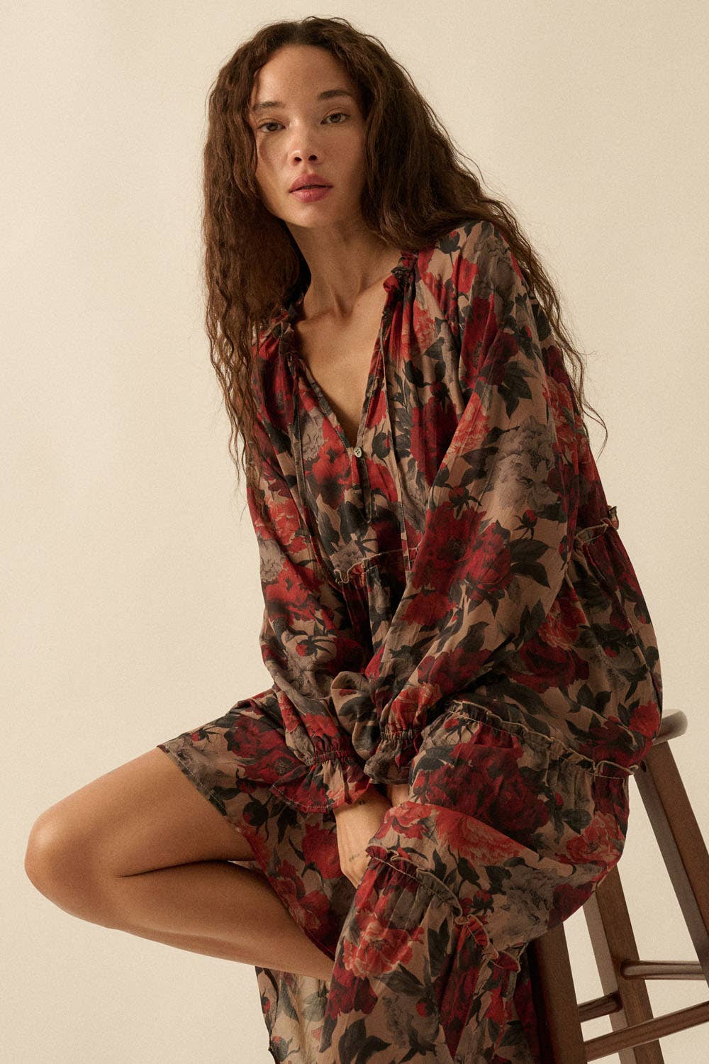 Promesa USA - Floral-Print Tiered Ruffle Long-Sleeve Midi Dress: SAND / M