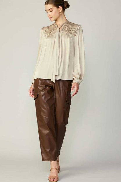 Current Air - V-neck Pleated Blouse W/Self Tie: Ecru / L