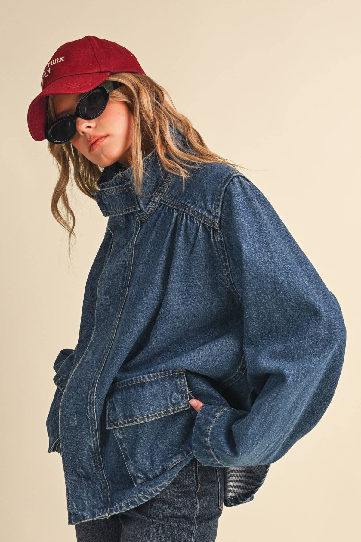 &MERCI - DENIM STAND COLLAR UTILITY JACKET MJK5157: DARK VINTAGE BLUE / L