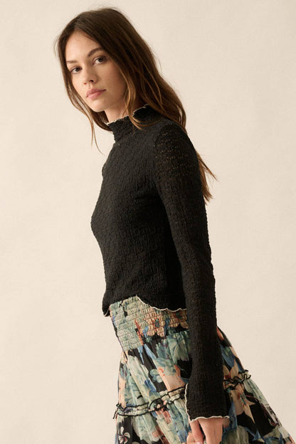 Promesa USA - Textured Floral Lace Cropped Mock Neck Top: Black / M