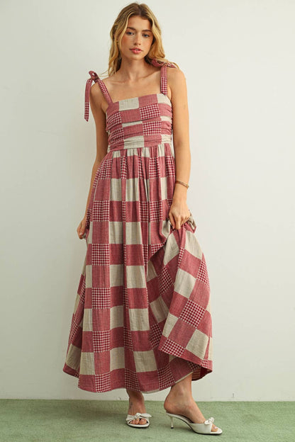 MIOU MUSE - D6765   GINGHAM AND STRIPE PATCH EFFECT DRESS: NAVY / M