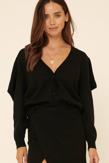 Promesa USA - Solid Knit V Neck Button Front Cardigan: Black / M