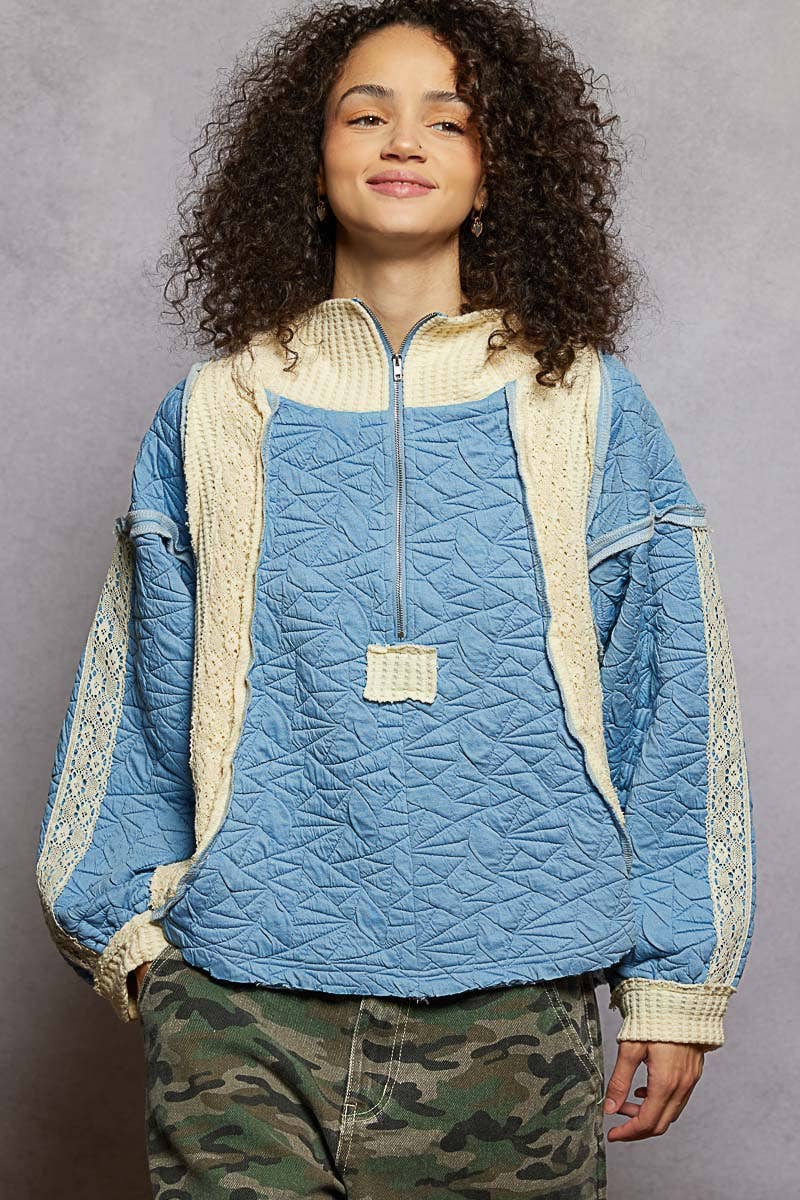 Pol Clothing - Long sleeve solid stitch edge quilted woven hoodie top: CHARCOAL / M